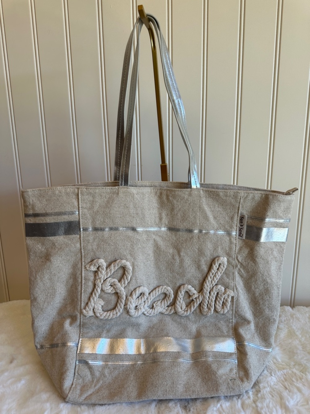 Beaola Neutral Beige Canvas Tote with Silver Trim